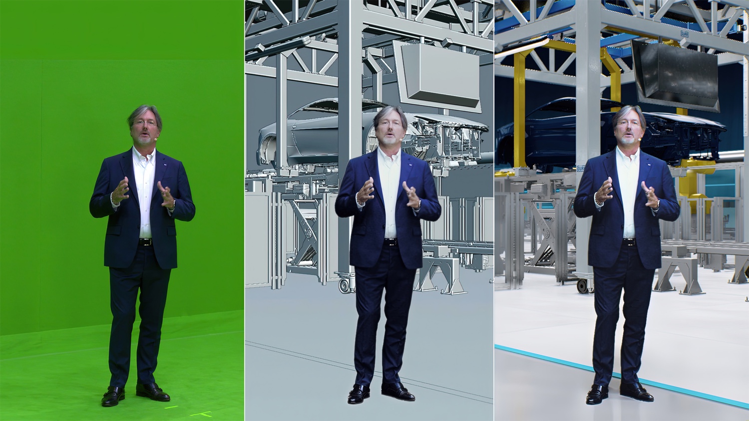 Prozessablauf einer Greenscreen-Filmproduktion für das immersive Dürr NEXT.assembly Digital-Event mit 3D-Produktfilmen und virtuellen Präsentationswelten.