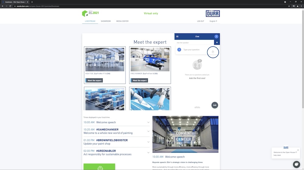 Hub for the DÜRR Open House Website excerpt showing the personalised DigitalHome Hub for the digital DÜRR Open House