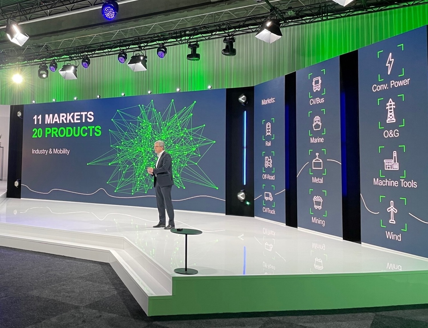 Speaker präsentiert auf der Bühne des interaktiven Digital-Events zur neuen Unternehmensstrategie von Voith Turbo.